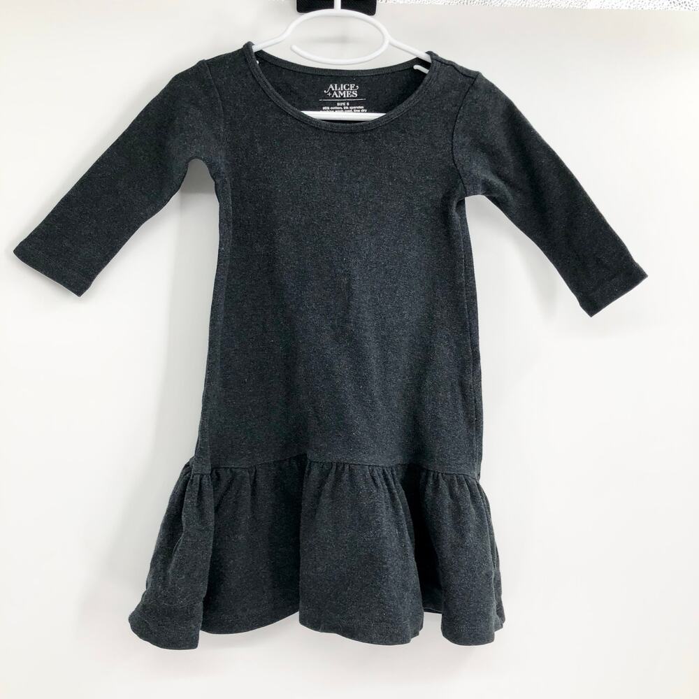 Alice + Ames Charcoal Gray Dress Drop Waist Ruffle Hem Roundneck Dress Size 5